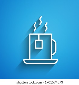 White line Cup of tea with tea bag icon isolated on blue background. Long shadow. Vector Illustration
