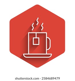 White line Cup of tea with tea bag icon isolated with long shadow. Red hexagon button. Vector Illustration