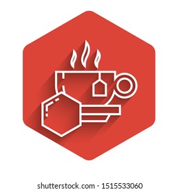 White line Cup of tea with honey icon isolated with long shadow. Sweet natural food. Red hexagon button. Vector Illustration