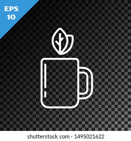 White line Cup of tea and leaf icon isolated on transparent dark background. Vector Illustration White line Cup of tea and leaf icon isolated on transparent dark background. Vector Illustration