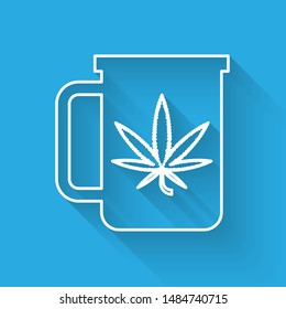 White line Cup tea with marijuana or cannabis leaf icon isolated with long shadow. Marijuana legalization. Hemp symbol.  Vector Illustration