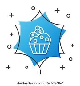 White line Cupcake icon isolated on white background. Blue hexagon button. Vector Illustration