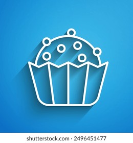 White line Cupcake icon isolated on blue background. Long shadow. Vector