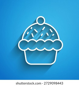 Icono de la línea blanca de la magdalena aislado en fondo azul. Larga sombra. Vector