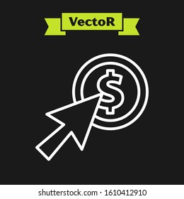 White line Cursor and coin icon isolated on black background. Dollar or USD symbol. Cash Banking currency sign.  Vector Illustration