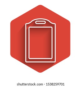 White line Cutting board icon isolated with long shadow. Chopping Board symbol. Red hexagon button. Vector Illustration