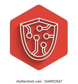 White line Cyber security icon isolated with long shadow. Shield sign. Safety concept. Digital data protection. Red hexagon button. Vector Illustration