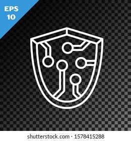 White line Cyber security icon isolated on transparent dark background. Shield sign. Safety concept. Digital data protection.  Vector Illustration