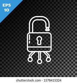 White line Cyber security icon isolated on transparent dark background. Closed padlock on digital circuit board. Safety concept. Digital data protection.  Vector Illustration