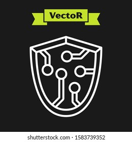 White line Cyber security icon isolated on black background. Shield sign. Safety concept. Digital data protection.  Vector Illustration