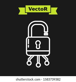 White line Cyber security icon isolated on black background. Closed padlock on digital circuit board. Safety concept. Digital data protection.  Vector Illustration