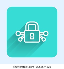 White line Cyber security icon isolated with long shadow. Closed padlock on digital circuit board. Safety concept. Digital data protection. Green square button. Vector