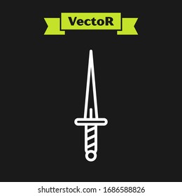 Weiße Linie Dagger Symbol einzeln auf schwarzem Hintergrund. Knife-Symbol. Schwert mit scharfem Blade. Vektorillustration-Illustration