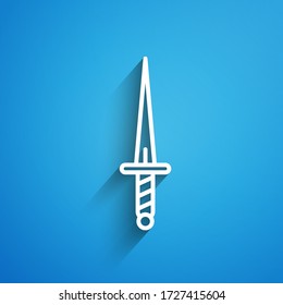 Weiße Linie Dagger Symbol isoliert auf blauem Hintergrund. Messer Ikone. Schwert mit scharfer Klinge. Lang Schatten. Vector Illustration