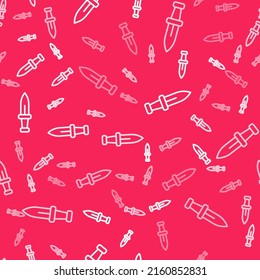 White line Dagger icon isolated seamless pattern on red background. Knife icon. Sword with sharp blade.  Vector