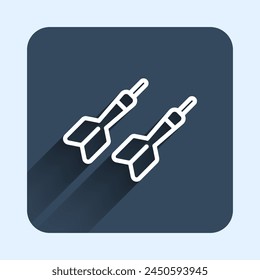 Línea blanca Icono de flecha de dardo aislado con fondo de sombra larga. Botón cuadrado azul. Vector
