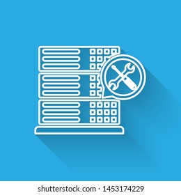 White line Database server with screwdriver and wrench icon isolated with long shadow. Adjusting, service, setting, maintenance, repair, fixing.  Vector Illustration