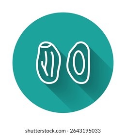 White line Date fruit icon isolated with long shadow background. Green circle button. Vector