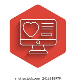 White line Dating app online computer concept icon isolated with long shadow. Female male profile flat design. Couple match for relationship. Red hexagon button. Vector