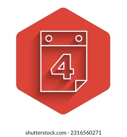 White line Day calendar with date July 4 icon isolated with long shadow. USA Independence Day. 4th of July. Red hexagon button. Vector