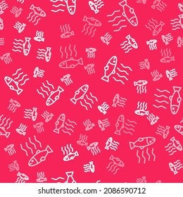 White line Dead fish icon isolated seamless pattern on red background. Rotten fish.  Vector
