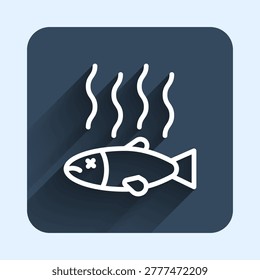 White line Dead fish icon isolated with long shadow background. Rotten fish. Blue square button. Vector