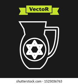 White line Decanter with star of david icon isolated on black background. Pottery jug. Organic product in carafe.  Vector Illustration