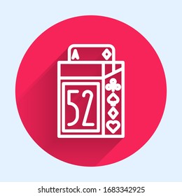 White line Deck of playing cards icon isolated with long shadow. Casino gambling. Red circle button. Vector Illustration