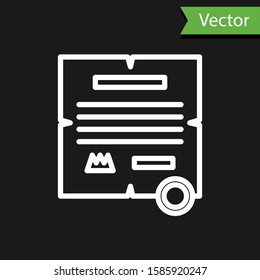 White line Decree, paper, parchment, scroll icon icon isolated on black background.  Vector Illustration