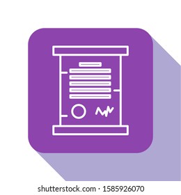 White line Decree, paper, parchment, scroll icon icon isolated on white background. Purple square button. Vector Illustration