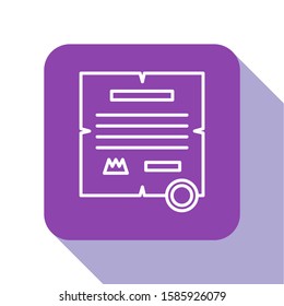 White line Decree, paper, parchment, scroll icon icon isolated on white background. Purple square button. Vector Illustration