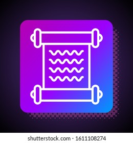 White line Decree, paper, parchment, scroll icon icon isolated on black background. Square color button. Vector Illustration