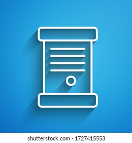 White line Decree, paper, parchment, scroll icon icon isolated on blue background. Long shadow. Vector Illustration
