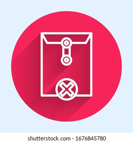 White line Delete envelope icon isolated with long shadow. Delete or error letter. Cross on message. Rejected mail. Red circle button. Vector Illustration
