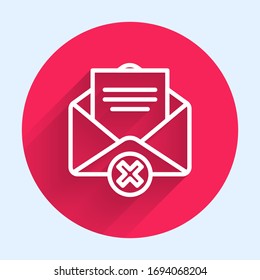 White line Delete envelope icon isolated with long shadow. Delete or error letter. Cross on message. Rejected mail. Red circle button. Vector Illustration