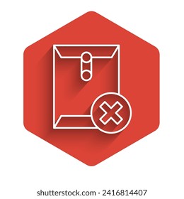 White line Delete envelope icon isolated with long shadow background. Delete or error letter. Cross on message. Rejected mail. Red hexagon button. Vector