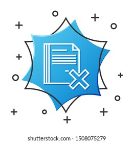 White line Delete file document icon isolated on white background. Rejected document icon. Cross on paper. Blue hexagon button. Vector Illustration