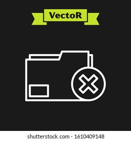 White line Delete folder icon isolated on black background. Delete or error folder. Close computer information folder.  Vector Illustration