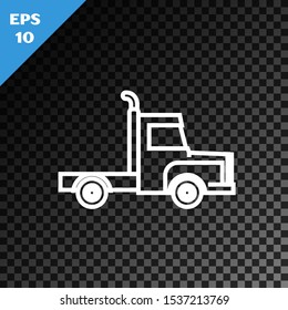 White line Delivery cargo truck vehicle icon isolated on transparent dark background.  Vector Illustration