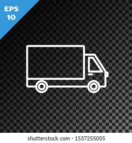 White line Delivery cargo truck vehicle icon isolated on transparent dark background.  Vector Illustration