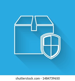 White line Delivery pack security symbol with shield icon isolated with long shadow. Delivery insurance. Insured cardboard boxes beyond the shield.  Vector Illustration