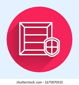 White line Delivery pack security with shield icon isolated with long shadow. Delivery insurance. Insured cardboard boxes beyond the shield. Red circle button. Vector Illustration