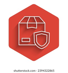 Línea blanca Seguridad de entrega con icono de escudo aislado con fondo de sombra largo. Seguro de entrega. Cajas de cartón aseguradas más allá del escudo. Botón hexágono rojo. Vector