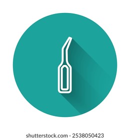 White line Dental explorer scaler for teeth icon isolated with long shadow. Green circle button. Vector