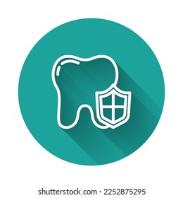 White line Dental protection icon isolated with long shadow. Tooth on shield logo. Green circle button. Vector
