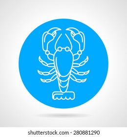 White line design lobster. Flat blue round vector icon on gray background.
