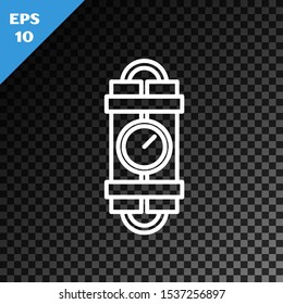 White line Detonate dynamite bomb stick and timer clock icon isolated on transparent dark background. Time bomb - explosion danger concept.  Vector Illustration