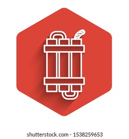 White line Detonate dynamite bomb stick and timer clock icon isolated with long shadow. Time bomb - explosion danger concept. Red hexagon button. Vector Illustration