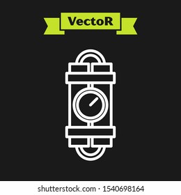 White line Detonate dynamite bomb stick and timer clock icon isolated on black background. Time bomb - explosion danger concept.  Vector Illustration