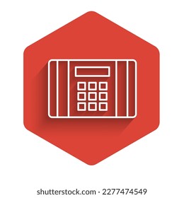 White line Detonate dynamite bomb stick icon isolated with long shadow. Time bomb - explosion danger concept. Red hexagon button. Vector